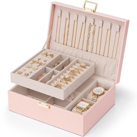 Vlando 2 Layer Jewelry Box Large Jewelry Organizer for Women Removable Jewelery Tray with Watch Pillow for Necklace Earrings Rings Bracelets Jewelry Boxes for Christmas Gifts Mother's Day Gifts (Pink)
