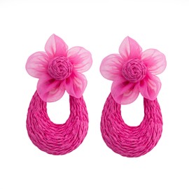 Boho Raffia Earrings for Women– Statement Woven Rattan Floral Dangle Earrings with Sheer Flower Accents for Summer Beach, Rattan, No Gemstone