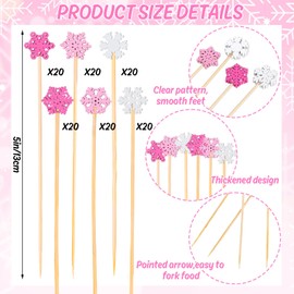 JarThenaAMCS 120Pcs Christmas Winter Cocktail Picks 6 Styles White Pink Snowflake Handmade Toothpicks Garnish Sticks for Xmas Party Supplies