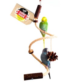 Vogelgaleria Rope Bungee Bird Toy 20-80cm with safe stainless steel wire for budgie, cockatiel & Co.| Natural Spiral bouncing perch | birdcage accessories toy handmade