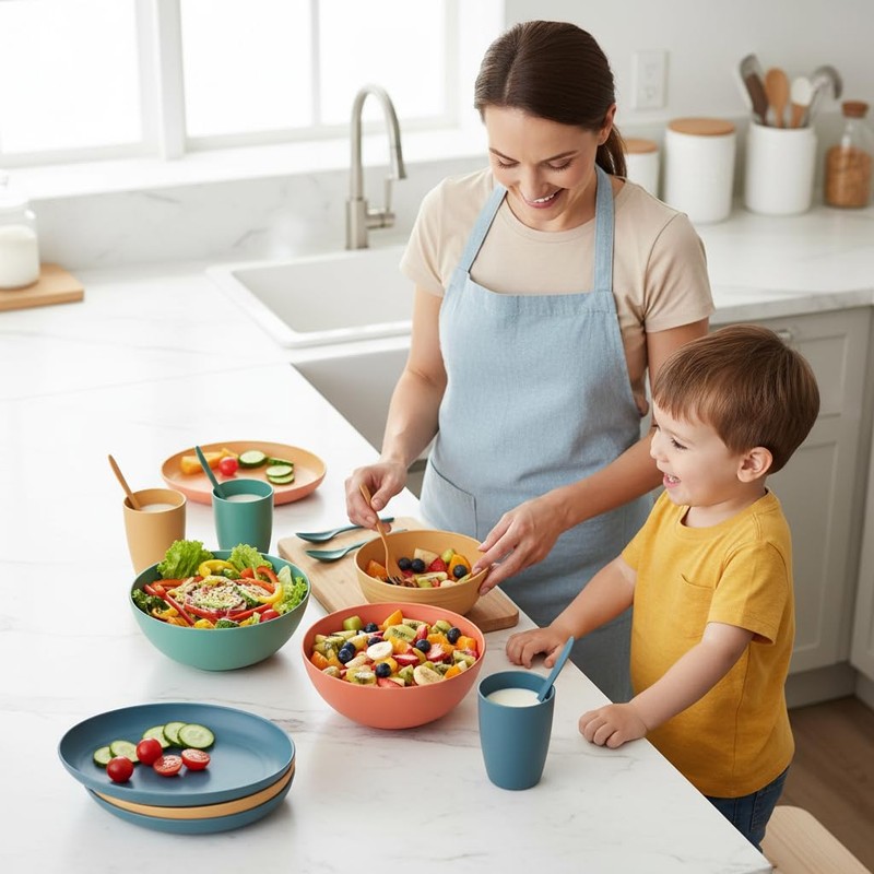 20PCS Wheat Straw Dinnerware Sets, DQELFA Reusable Kids Toddler Plates