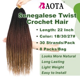 Senegalese Twist Crochet Hair for Women Ombre Blonde Brown 22 Inch 8 Packs Pre Looped Crochet Braids Small Twist Braids Mini Twist Crochet Hair T30/27