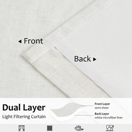 Central Park Natural Pinch Pleat Light Filtering Curtain with Microfiber Liner Linen Blended Textured Window Treatment Privacy Drape 108 Inch for Living Room Bedroom with Back Tabs Hooks, 40"Wx108"Lx2