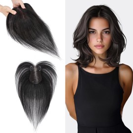 S-noilite Hair Toppers for Women Human Hair with Side Bangs - 7x11cm Hand-stitched Base 360° 3D Coverage Natural 14g (Natural Black #1B)