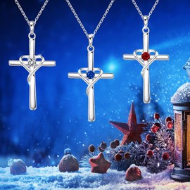 AmorAime 925 Sterling Silver Cross Necklace for Women Men 5A CZ Birthstone Necklaces Gifts for Festival, Vacation or Holiday (L.Blue-December-Blue Topaz)