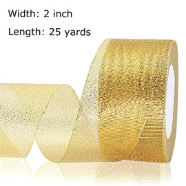 OZXCHIXU 2 Inches Wide Gold Glitter Ribbon, 25Yards Sparkly Metallic Ribbon for Gift Wrapping, Balloons, Crafts, Sewing, DIY Decor, Holiday Wedding Birthday Party Decoration Floral Bouquet.