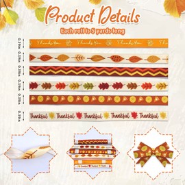 Estivaux 6 PCS Thanksgiving Fall Ribbons for Crafting, 3/8'' Width Pumpkin Ribbons Orange Satin Ribbon Metallic Words Maple Leaves Craft Ribbons for Gift Wrapping Fall Thanksgiving Decorations