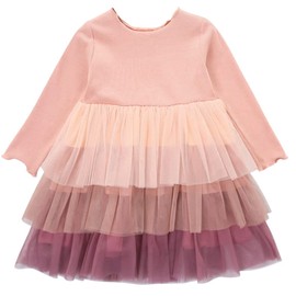AGQT Toddler Girls Tulle Tutu Dress Long Sleeve Multi-Layer Lace Dress Knit Round Neck Casual Dress Christmas Fall Winter Party Dresses Pink-Colorful Size 5-6T
