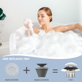 Upgraded 2 in 1 Bathtub Drain Stopper Bathtub Drain Hair Catcher, Pop-up Tub Stopper with Effective Filter Basket, Anti-Clogging Bathtub Drain Plug Bath Tub Stoppers for 1.45-1.8" Drain Shoe