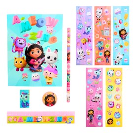 Gabby's Doll House Writing Paper Set, Consists of Notebook, Pencil, Ruler, Eraser, Sharpener and Stickers, Gift Stationery Set for Girls