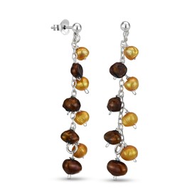 AeraVida Classic Cultured Gold and Brown Cultured Freshwater Pearls Long Sterling Silver Earrings | Elegant Sterling Silver Stud Earring for Women | Cute Earrings | Gold and Brown Pearl Earrings, Metal Pearl, Pearl