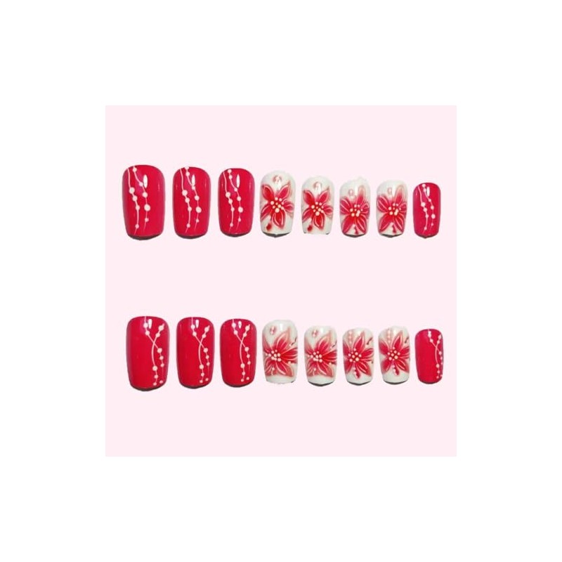 Uñas postizas cuadradas rojas con estampado floral, acrílicas, de cobertura