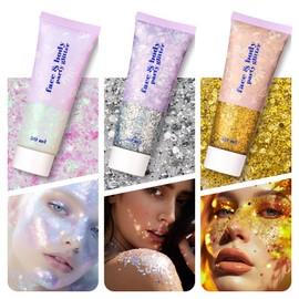 Pack of 3 Body Glitter Gel, Glitter Face Festival Glitter Face, Glitter Make-Up for Face, Body Glitter Gel Face, Glitter Gel, Face Glitter (White + Silver + Gold + 5 Brushes)