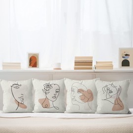 ASDCXZ Boho Cushion Cover 40 x 40 cm Set of 4 Abstract Boho Style Girls Face Sofa Cushion Cover Decorative Cushion Covers Washable Polyester Flax Textile Outdoor Cushion Pillowcase