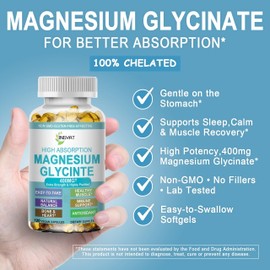 Magnesium Glycinate 400mg Softgels – High Absorption Chelated Magnesium Supplements for Stress, Sleep, Muscle, Nerve & Heart Support – Non-GMO, Gluten-Free, 120 Softgels