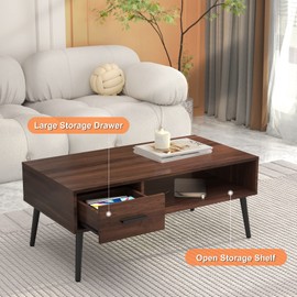 HAIOOU Coffee Table, Mid Century Modern Center Table for Living Room with Storage, Walnut Tea Table with Drawer, Open Storage Shelf, Floor-Anti-Scratching Pine Leg for Home, Office(Dark Brown)
