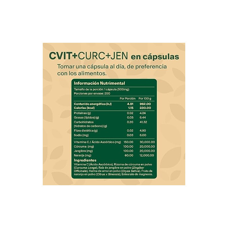 Vitalbotanics Vitamina Naranja Cúrcuma Jengibre 200 Cápsulas 500mg Multivitamínico Suplementos