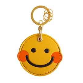 U-PICK Coin Shaped Edy Leather Keychain 500 Yen Coin Storage Cover Airtag Protective Case Cute Animal Keychain Strap, Yellow Smile