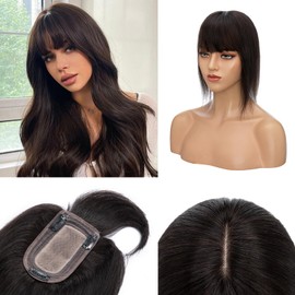 Hair Toppers for Women Real Human Hair,Prokyvity Hair Toppers for Women with Thinning Hair,100% Human Hair topper With Bangs,2.7 *5.1in 150% Density Base Hair pieces for women 10 inch 1B Natural Black