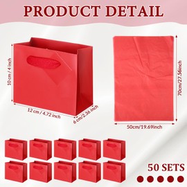 Qilery 50 Pcs Wedding Mini Paper Gift Bags Bulk with Tissue Paper 4.7 x 2.4 x 3.9'' Small Gift Bags with Handle and Tags for St. Patrick's Day Birthday Easter Spring Party Business(Dark Red)