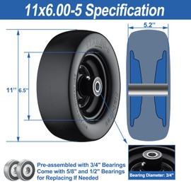 11x6.00-5 Flat Free Tire, Zero Turn Mower Front Tires with 3/4" or 5/8" and 1/2" Bearings, 5.2"- 8.3" Centered Hub, Load 400lbs, 11x6.00-5 Tires for Zero Turn Mower by Cubesprings - 1Pack