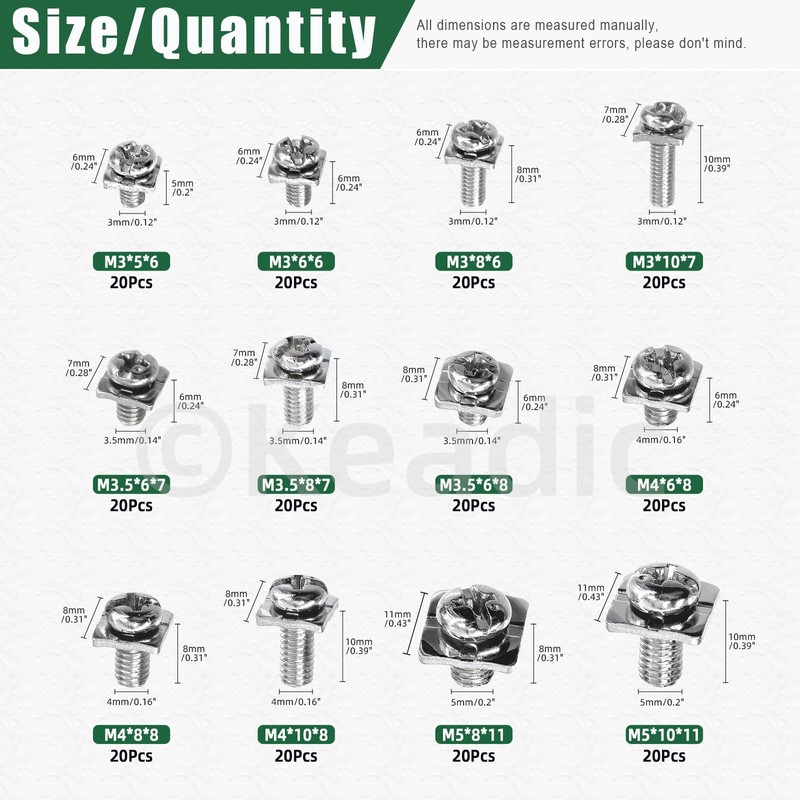 Keadic 240pcs M3 M3.5 M4 M5 Terminal Block Screws Assortment