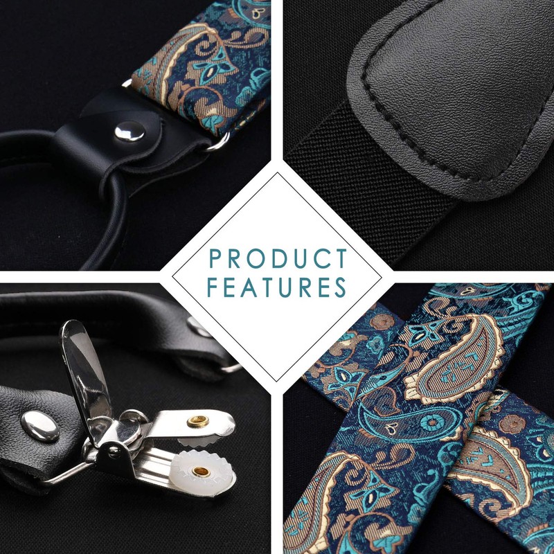 HISDERN Men’s Y-Shape Braces, Bow Tie, Paisley Handkerchief Set, 6