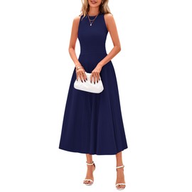 PRETTYGARDEN Spring Casual Dresses for Women 2025 Summer Business Work Midi Sleeveless A Line Pleated Cocktail Dress(Navy,Large)