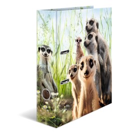 HERMA A4 Meerkat Folder, 7 cm Wide, Children's Ring Binder with Animal Motif, Colourful Lever Arch File with Inner Print for Boys and Girls