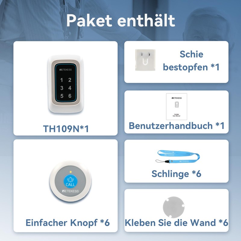 Retekess TH109N Caregiver Pager,Wireless Call Bell for Elderly,850ft Communication Range，120dBAdiustable