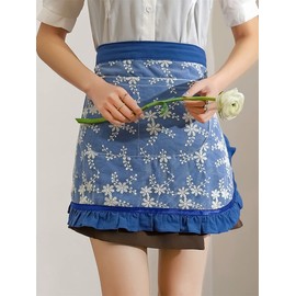Unisex Chef Aprons White Retro Cotton Maid Short 2 Pockets Waist Waiter Waitress Half Apron (Blue-embroidered, One Size)