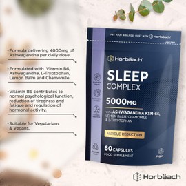 Sleeping Tablets with Ashwagandha KSM-66 | 5000mg Complex for Adults with Lemon Balm, Chamomile and L-Tryptophan | 60 Vegan Capsules | Night Time Complex for Men & Women | by Horbaach