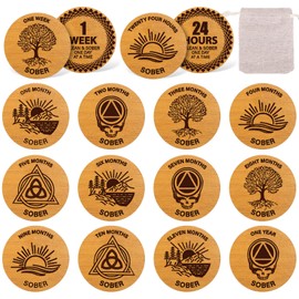 FYSUIMU 28 Pcs Wooden Sobriety Coin Set Recovery Sobriety One Year Medallion Anniversary Chip with Linen Pockets for Alcoholics Addiction Recovery Reward