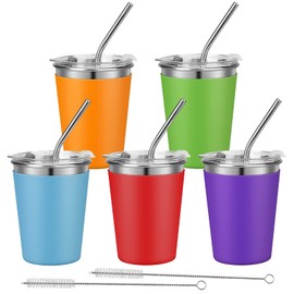 Rommeka - Copas para niños con pajitas, tazas apilables de 12 onzas con 5 fundas de silicona coloridas para bebidas calientes y frías, tazas de acero inoxidable irrompibles con tapas y pajitas para adultos y niños