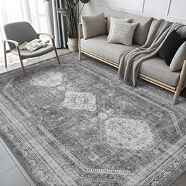 GENIMO Washable Rug 9x12 Area Rugs for Living Room, Non Slip Indoor Large Rug, Low Pile Vintage Print Mat for Bedroom Dining Room Office and Hall, Gray