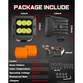 LED Pod Lights 3 Inch 2Pcs, 2025 New-Lumimotor Super-D Pro 12,000LM CREE LED Off Road Ditch Fog Lights with Amber Covers+DT Wiring Harness Kit, IP68 Waterproof for Truck UTV ATV SUV Boat