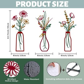 3 PCS Metal Flower Wall Art, 5.1 X 2.1 Inch Iron Vase Wall Decor, Wall Decals Peel and Stick for Bedroom Bathroom Living Room Shelf Office Apartment Decor (Red)