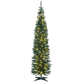 HOMCOM 7' Tall Pre-Lit Slim Noble Fir Artificial Christmas Tree with Realistic Branches, 200 Warm White LED Lights and 499 Tips, Green