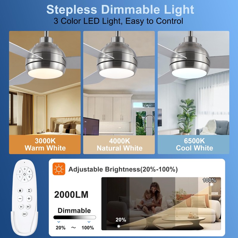 putroad 42 Inch Ceiling Fans with Lights, Modern Brushed Nickel