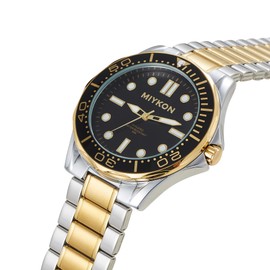 Diver Style Stainless Steel Watches for Men - 45mm Ion Plated Men Watches with Scratch Resistant Glass - 100ft Water Resistant Men's Wrist Watches with Luminous Hands (Two Tone Bracelet-Black Dial)