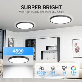 WKONCLDY 4700lm LED Flush Mount Ceiling Light, Super Slim 16 inch LED Ceiling Light, 5000K LED Ceiling Light for Bedroom, Living Room, Dining Room (Black, Two Pack)