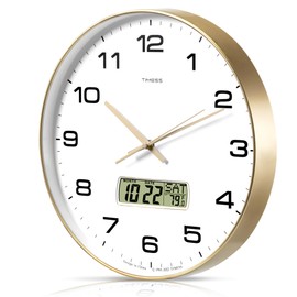 TIMESS Wall Clock, 14" Large Dial Non-Ticking Silent Battery Operated Analog with LCD Display for Perpetual Calendar and F° Temperature, Ideal Modern Home, Bedroom, Office Decor (Gold)