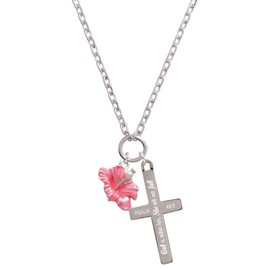 Delight Jewelry Silvertone Hot Pink Hibiscus Flower - She will not Fall Engraved Cross Zoey Necklace, 28"