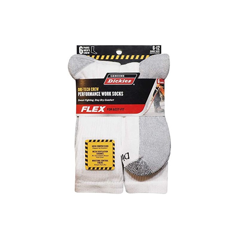 Genuine-Dickies Men's Dri-Tech Performance Crew Work Sock 6-Pair-Pack (White) (Shoe
