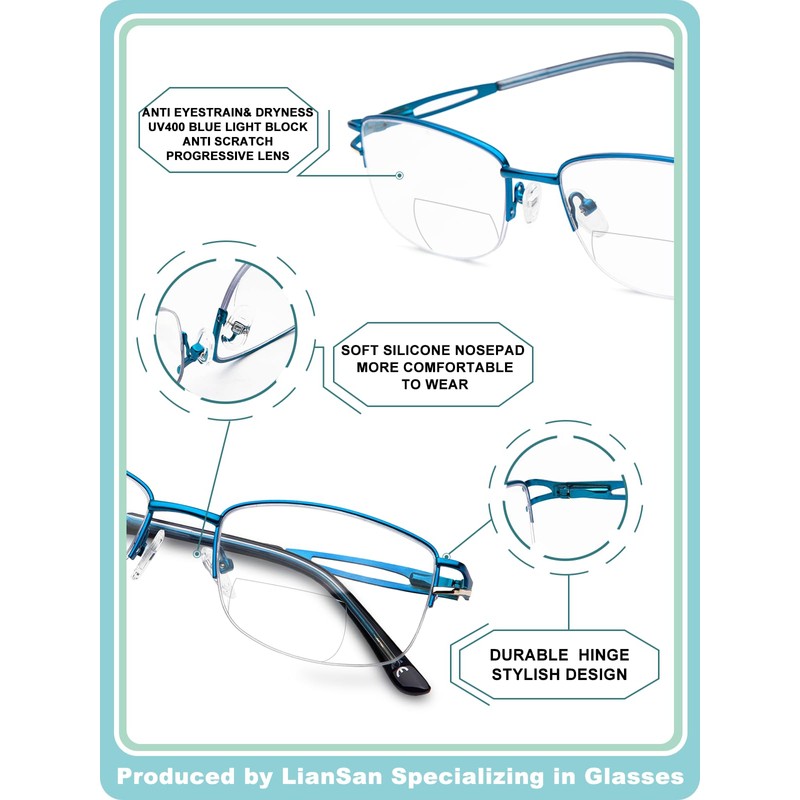 LianSan Metal Bifocal Reading Glasses for Women,Stylish Half Rim Zero