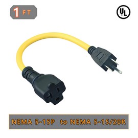 1-Foot 15 Amp Household AC Plug to 20 Amp T Blade Adapter Cable，14AWG 1-Foot 15 A to 20 A Plug Adapter Cord Nema 5-15P to 5-15R/5-20R 20Amp Comb AC Power Cord, Yellow