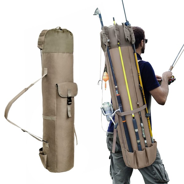 Wowelife Fishing Rod Carrier Bag, Fishing Reel Organizer Pole Storage Bag Upgraded for Fishing and Traveling, A Fishing Gift for Men, Family, Father and Friends(Khaki)