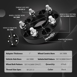 LUJIANI 4 Pack 5x114.3mm Wheel Spacers for Civic CR-V Accord TSX TLX TL, 1" Thick Forged Hubcentric Tire Spacer, M12x1.5 Thread Studs & 64.1mm Centric Bore, 5x4.5 Hub Centric Wheel Adapters