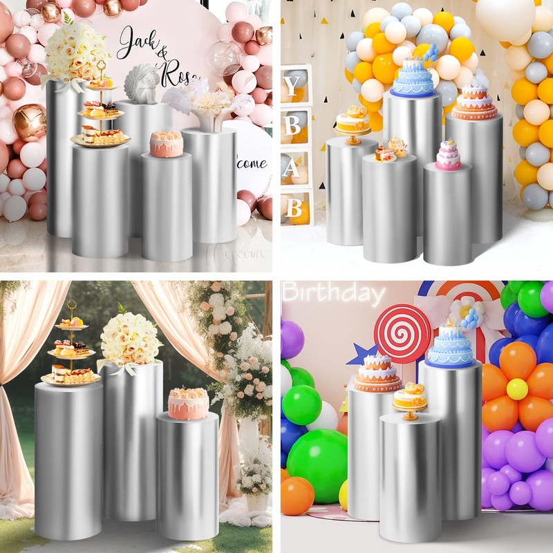 Set of 3 - Silver Cylinder Pedestal Stand Covers, Flexible