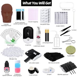 Lash Extension Kit Professional Eyelash Extensions Supplies Training for Beginners Mannequin Head Grafting Lash USB Fan Lash Shampoo Brush Spraye 0.07D Curl Mix 8-15mm Practice Eyelash Strips